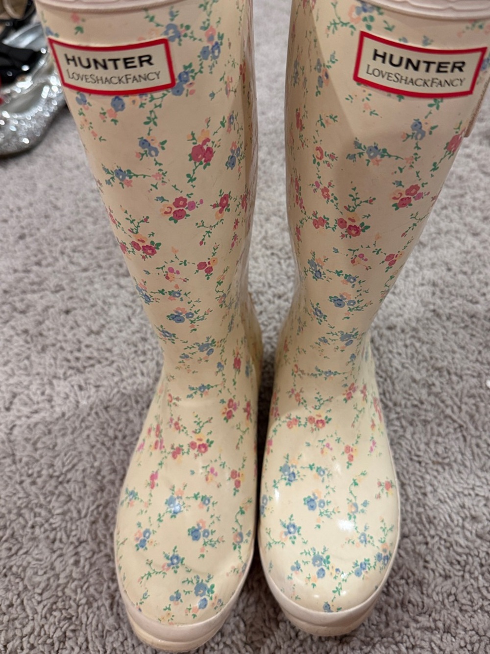 Hunter Cream Floral Tall Rain Boots with Pink and Blue Blooms